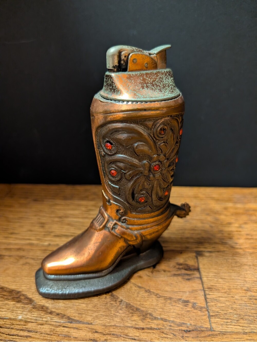 Vtg 5.25" Evans Red Jeweled Copper Toned Cowboy Boot Table Lighter